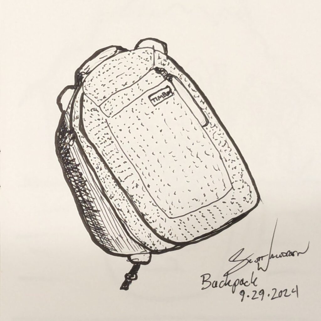 "Backpack" Inktober 2024 prompt drawing by Scott Walldren