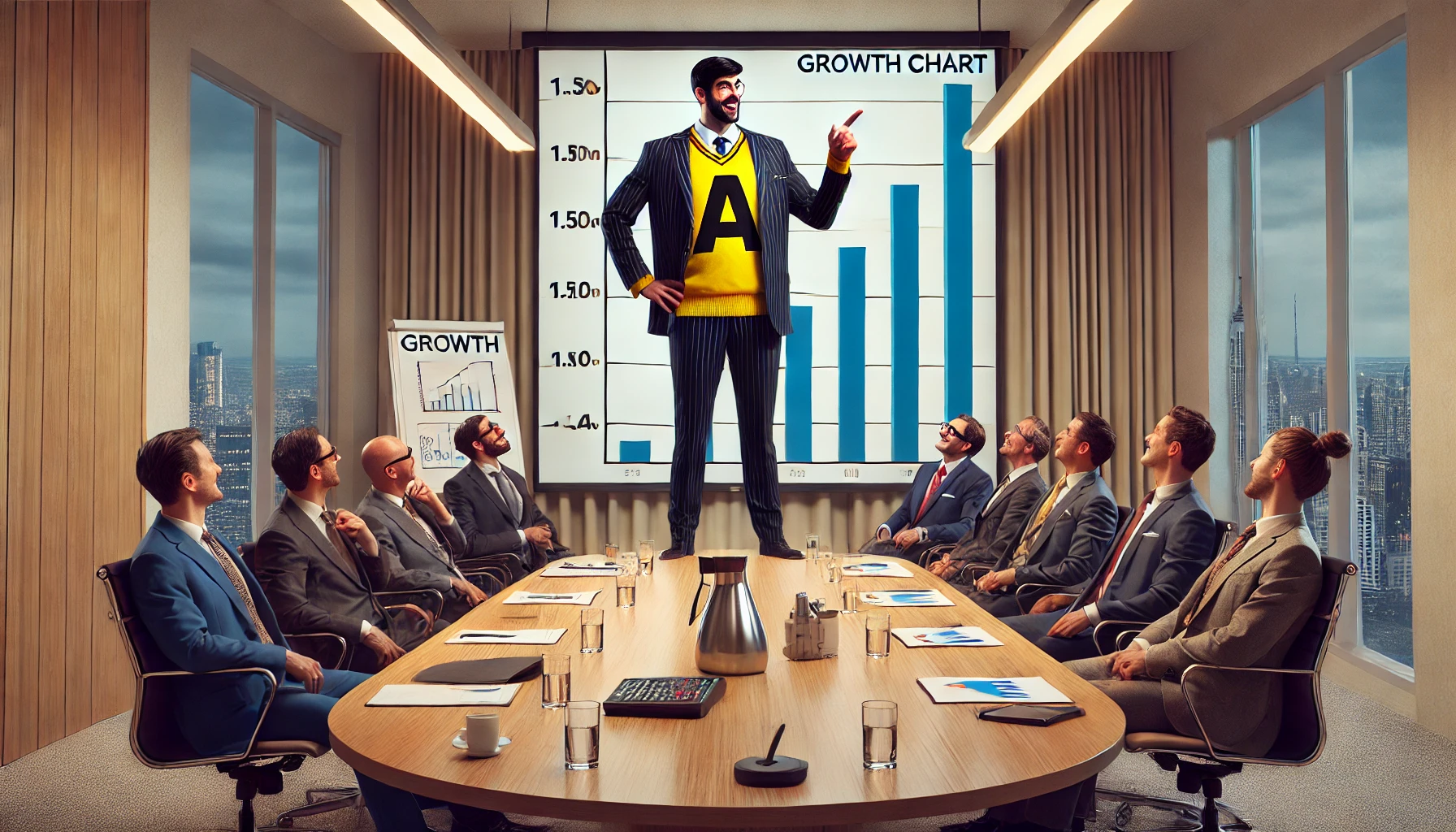 A tall man in a suit with a bright yellow shirt featuring a large 'A' gestures enthusiastically toward a growth chart on a presentation screen in a corporate boardroom. The setting includes an audience of amused or intrigued professionals observing the presentation.