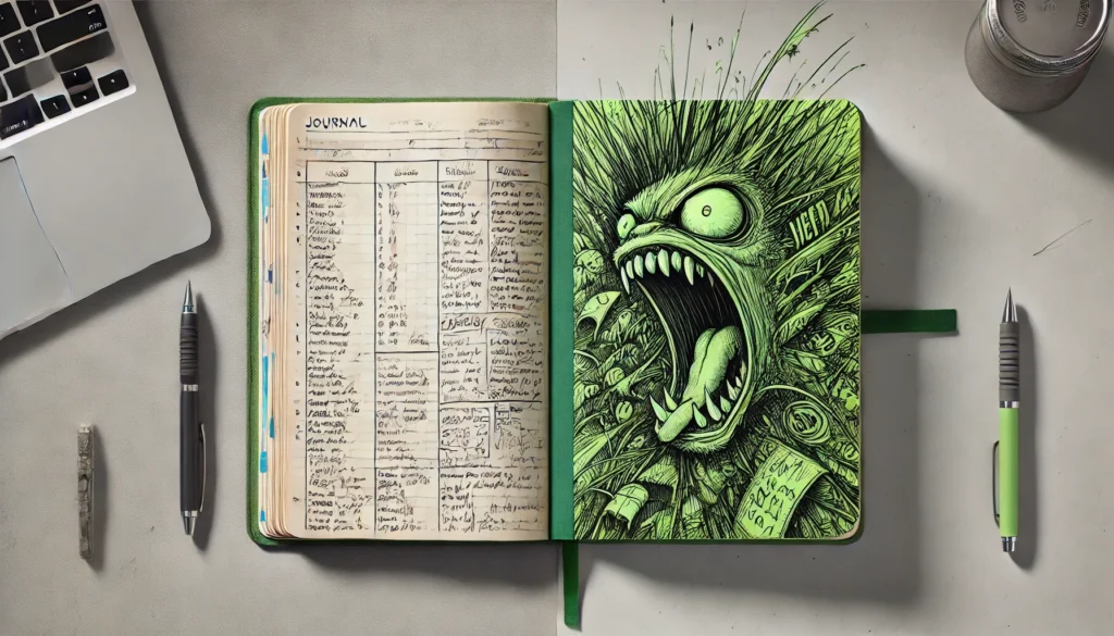 An AI generated depiction of two journals. On the left is a structured journal with orderly thoughts and list items. On thee right is more of a chaotic sketchbook showing a wild creature screaming.